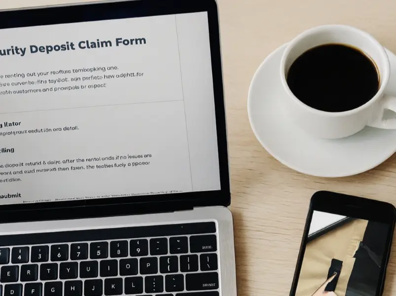 Secure deposit process: laptop with confirmation, phone, card and coffee